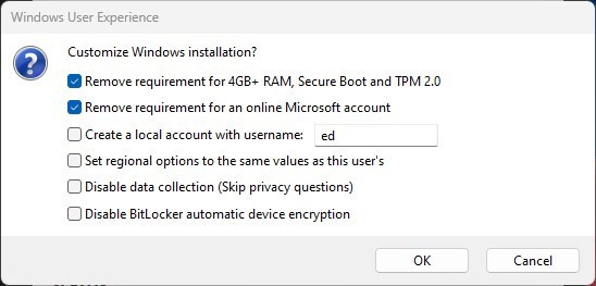 This screenshot shows options for customizing the Windows installation. The following two options are selected: Remove requirement for 4GB+ RAM, Secure Boot and TPM 2.0 plus Remove requirement for an online Microsoft account.