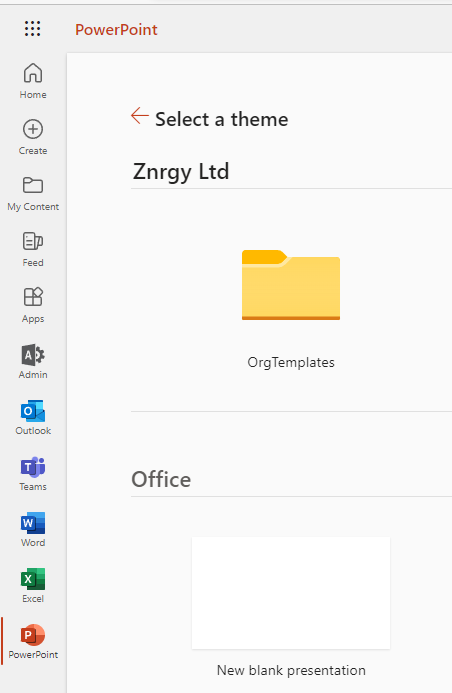A screenshot of the PowerPoint for the web app after choosing More Themes. It shows an organization assets library called OrgTemplates as a folder under a heading of the company name.