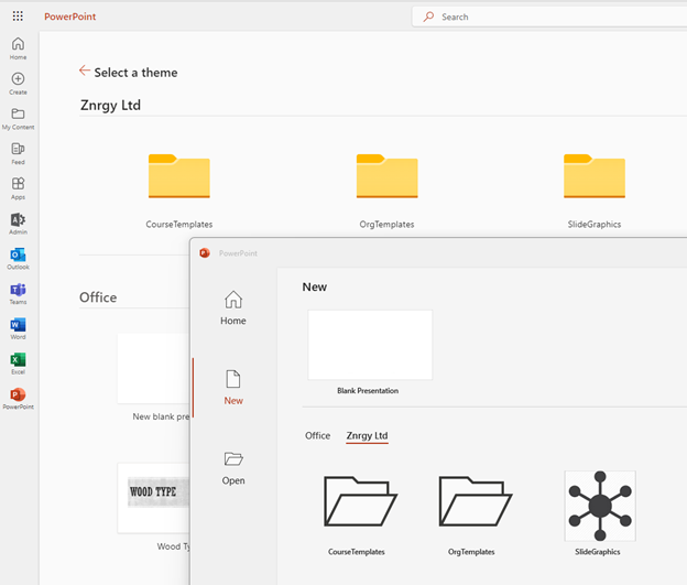 A screenshot showing both PowerPoint for the web and PowerPoint for Windows in the organizational templates screen. PowerPoint for Windows has a custom icon set on one template folder, whereas PowerPoint for the web still uses folder icons for all three template folders.