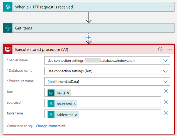 Screenshot of the Azure Logic App from the previous article with three actions. One HTTP trigger, a SharePoint action, and a SQL Server Execute Stored Procedure action.