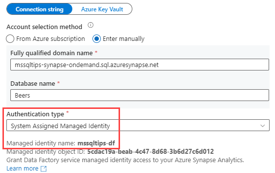 Screenshot of a connection dialog of an ADF linked service, where the authentication type is set to System Assigned Managed Identity.
