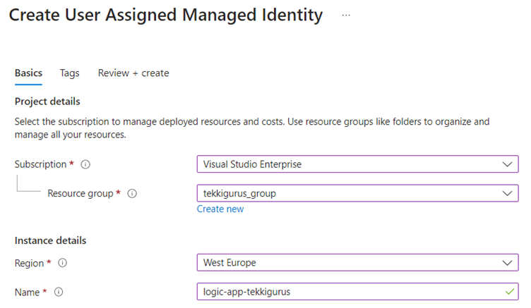 Screenshot of the configuration screen of a new user assigned managed identity. You need to specify a subscription, resource group, region, and name.