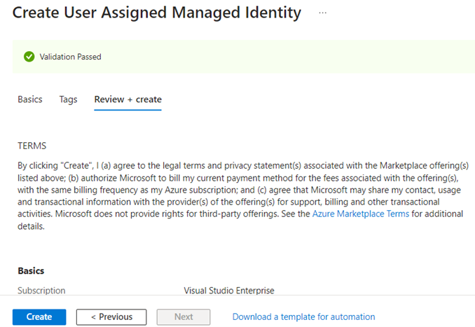Screenshot of the final screen of the managed identity creation process. Here when I click create, the identity will be provisioned.