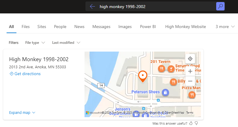 A Screenshot showing a Locations result in Microsoft Search.