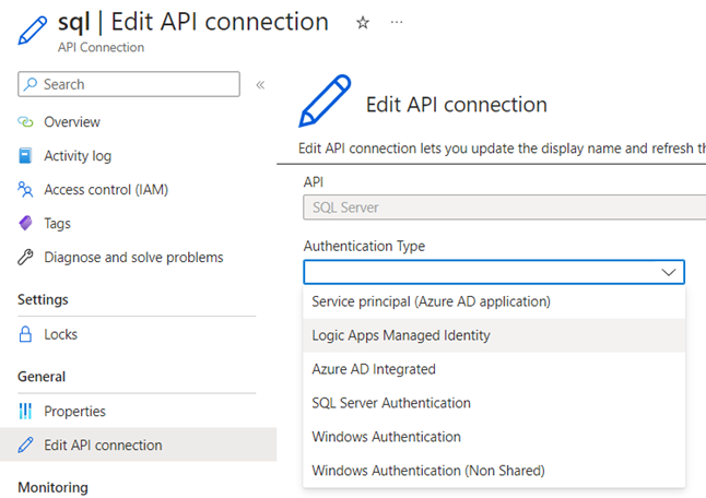 Screenshot of the Edit API connection, with a dropdown for authentication type and Logic Apps Managed Identity highlighted in the list.