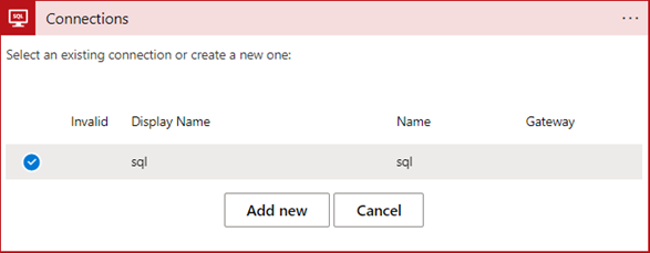 Screenshot of the form to add a new connection. The existing connection named sql shown on the form has a checkmark below the heading Invalid.