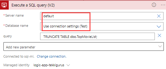 Screenshot shows a Logic App action for executing SQL queries. The server name says “default” and the database name says “use connection settings” with “Test” between parentheses.