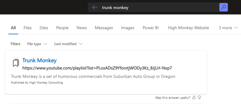 A Screenshot showing a bookmark result in Microsoft Search.