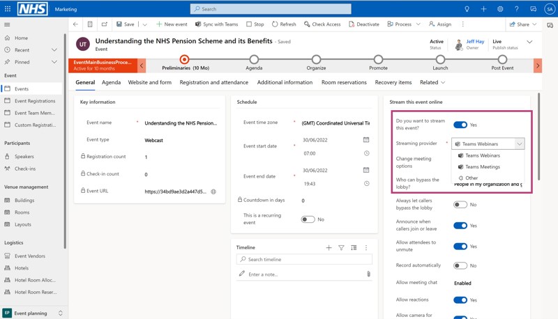 The picture shows an example of streaming configuration in Dynamics 365 Marketing. Available tabs are General, Agenda, Website and form, Registration and attendance, Additional information, Room reservations, Recovery items and Related. The General tab is selected, showing different streaming settings like whether to stream the event, the streaming provider, change meeting options, and who can bypass the lobby.