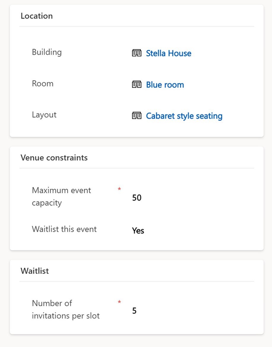 The picture shows an example configuration of the event location settings in Dynamics 365 Marketing. There are three sections: location, venue constraints and waitlist.