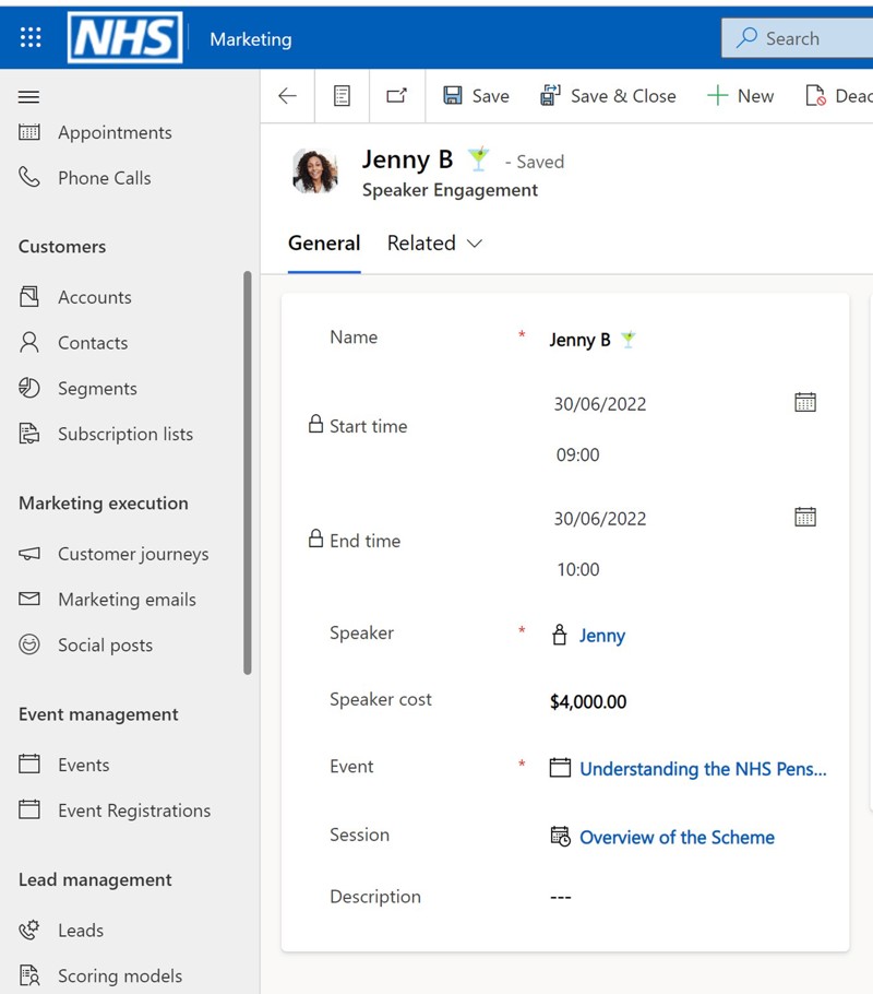 The picture shows a speaker engagement example configuration in Dynamics 365 Marketing. There are two tabs: General and Related. General is selected and it displays rows of information like start time, end time, speaker, speaker cost, event, session and description.