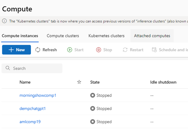 This screenshot shows the compute instances on the Compute page of Azure Machine Learning Studio, and the state of each compute instances, which are all stopped in this case.
