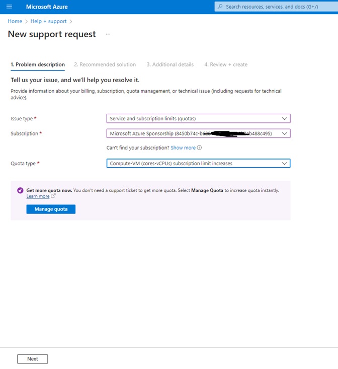 This screenshot shows a new support request issue type, which is Service and subscription limits (quotas). The subscription field says Microsoft Azure Sponsorship, and the Quota type field says Compute-VM cores.