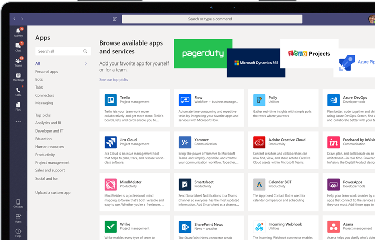 A screenshot of a Teams Store dashboard that you can add to Teams. It shows the apps and services that are available to add, such as Trello, Jira Cloud, Azure DevOps, Adobe Creative Cloud, and others