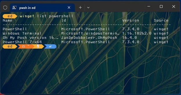 The winget list powershell command shows two instances of PowerShell present on the PC.