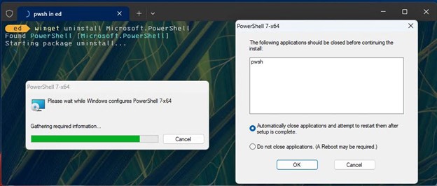 The winget uninstall Microsoft.PowerShell command removes the app, using the tool’s installer program.