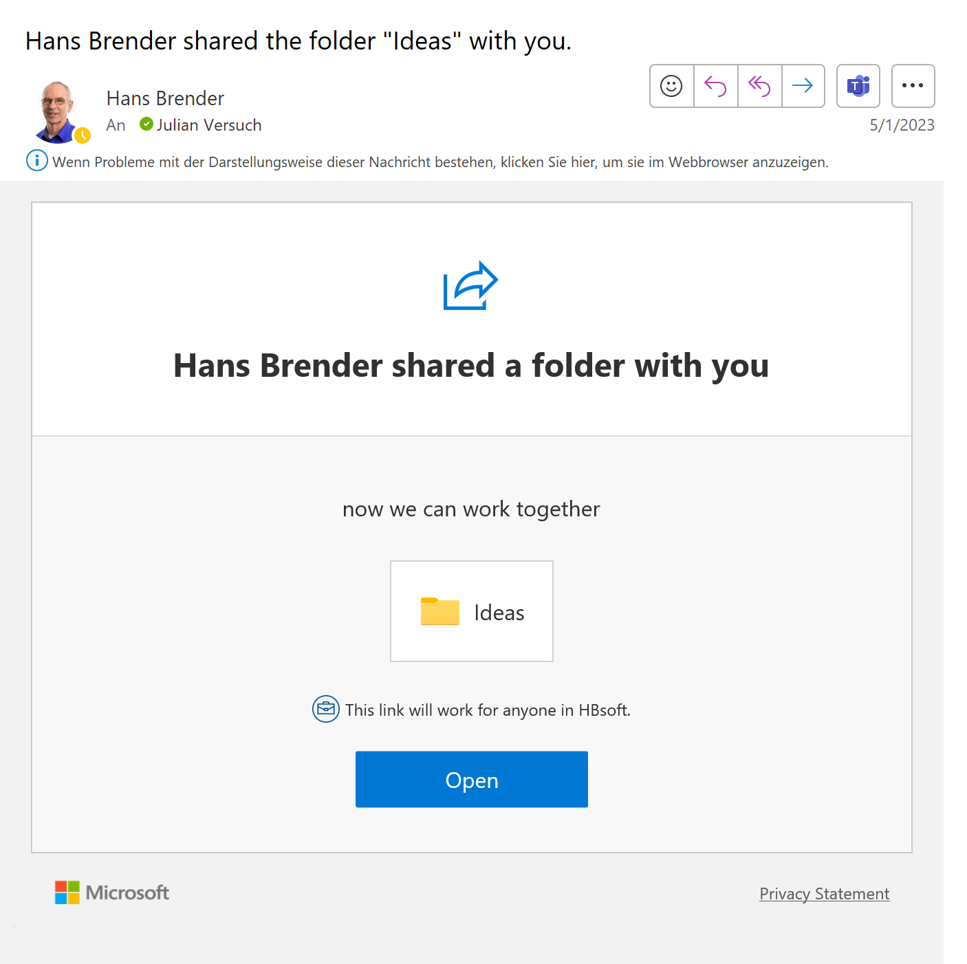 The image shows an invitation to edit a folder with another OneDrive user.
