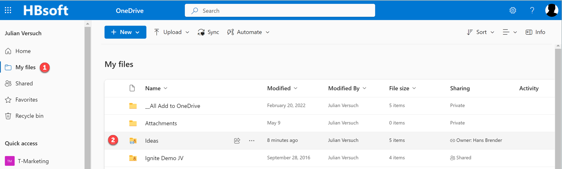 The image shows OneDrive in Julian’s browser with the My files tab selected.
