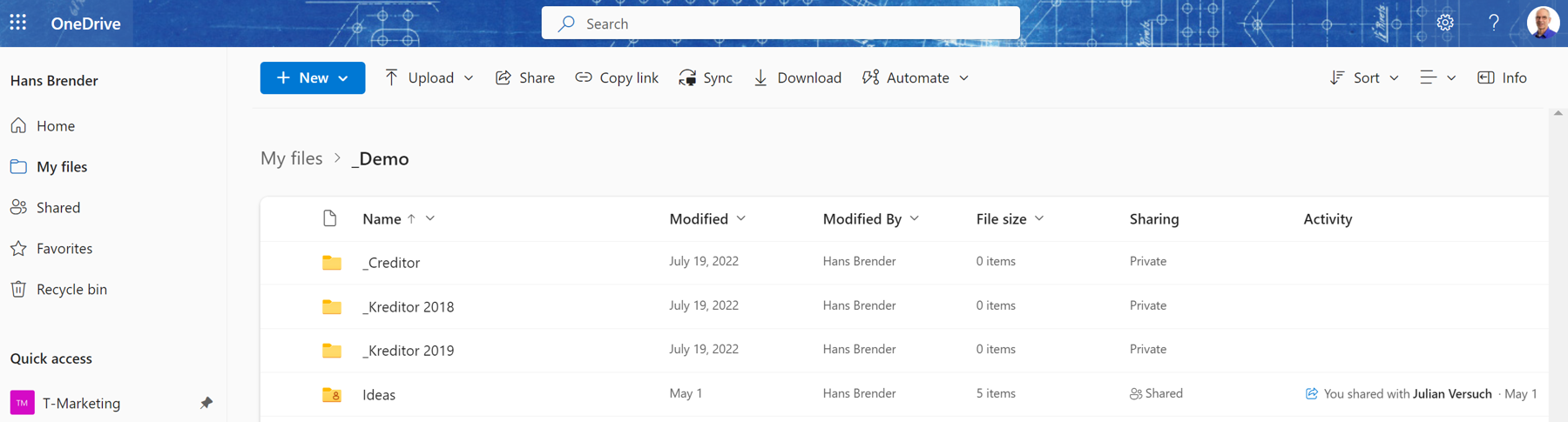 The image shows the browser view of Hans' shared OneDrive folder.