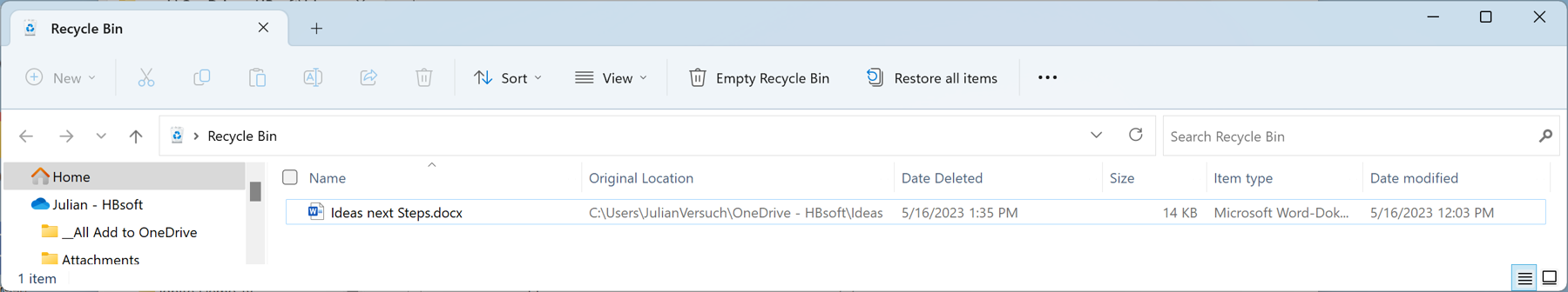 The image shows Julian’s local Windows Recycle Bin.