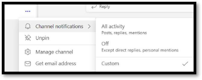 Screenshot showing the ability to configure channel notifications. Options are All activity, Off, and Custom.