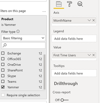 Screenshot that displays how to create a new data visualization in Power BI. Here, the filter type is basic filtering, and Yammer is the selected product.