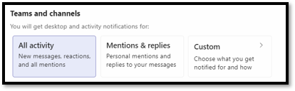 Screenshot showing the ability to customize desktop and activity notifications within Teams and channels. The three options are All activity, Mentions & replies, and Custom.