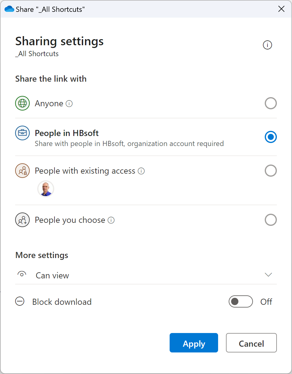 Screenshot that shows all the new simplified sharing options for a folder. You may click on the “I” button at the top to get more help.