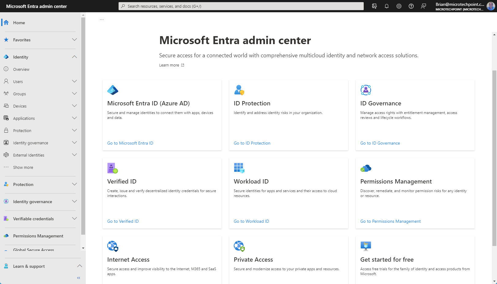 Screenshot of the Microsoft Entra admin center, with tiles containing links to Entra ID, ID Protection, ID Governance, Verified ID, Workload ID, Permissions Management, Internet Access, Private Access, and the option to try the Entra products for free.