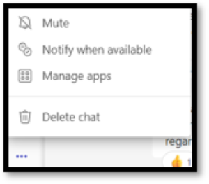 Screenshot showing the Mute option for configuring chat notifications. Other options shown are Notify when available, Manage apps, and Delete chat.