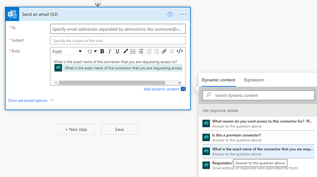 A screenshot of a Power Automate editor, with the Send an email (V2) action open and the dynamic content window open, demonstrating how to put dynamic content into the body of an email.
