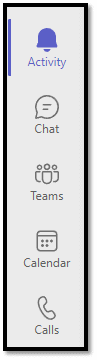 Image of the Microsoft Teams left navigation bar showing icons for Activity, Chat, Teams, Calendar, and Calls
