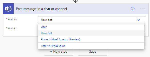 A screenshot of a Power Automate editor, focused on the Post message in a chat or channel action and its initial options you can pick from.