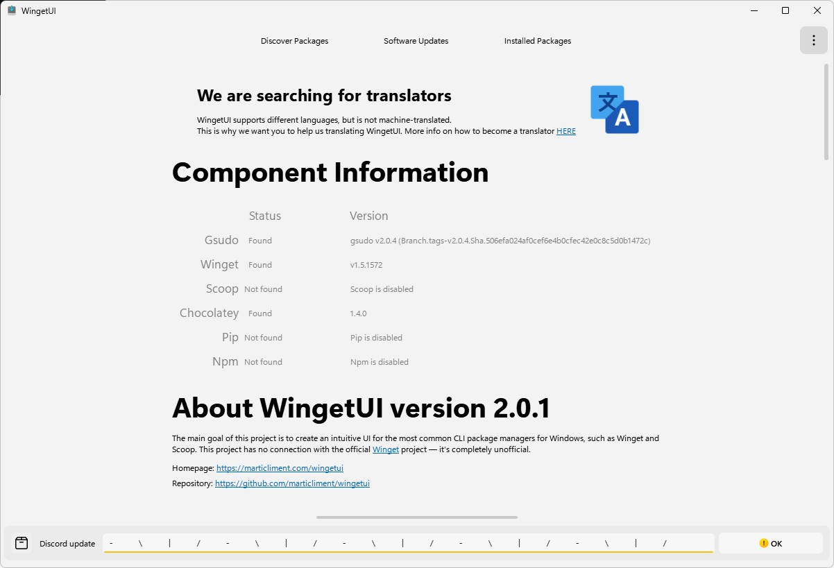 In this screenshot, WingetUI “About” reports the program version and status for supported package managers such as Gsudo, Winget, Scoop, Chocolatey, Pip, and Npm. 