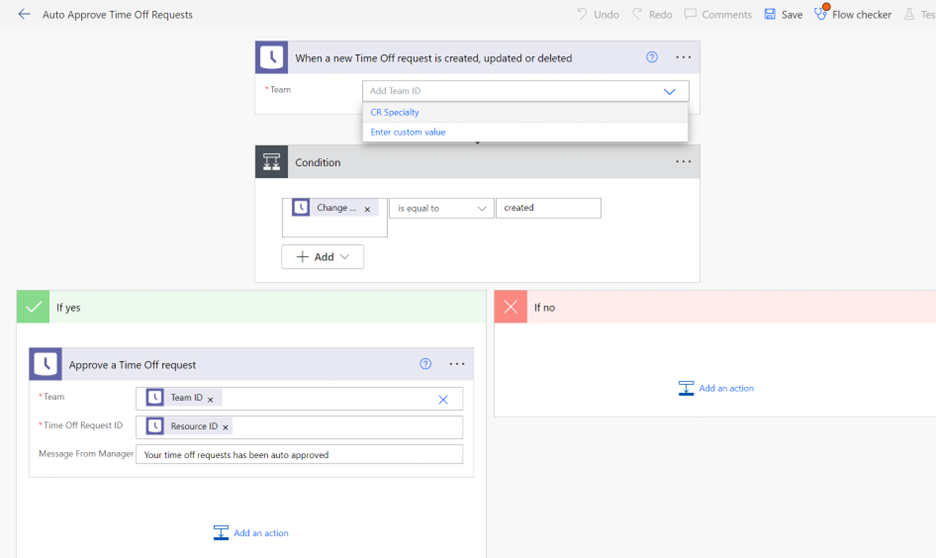 A screenshot of the “Auto Approve Time Off Requests” Power Automate template open and expanded