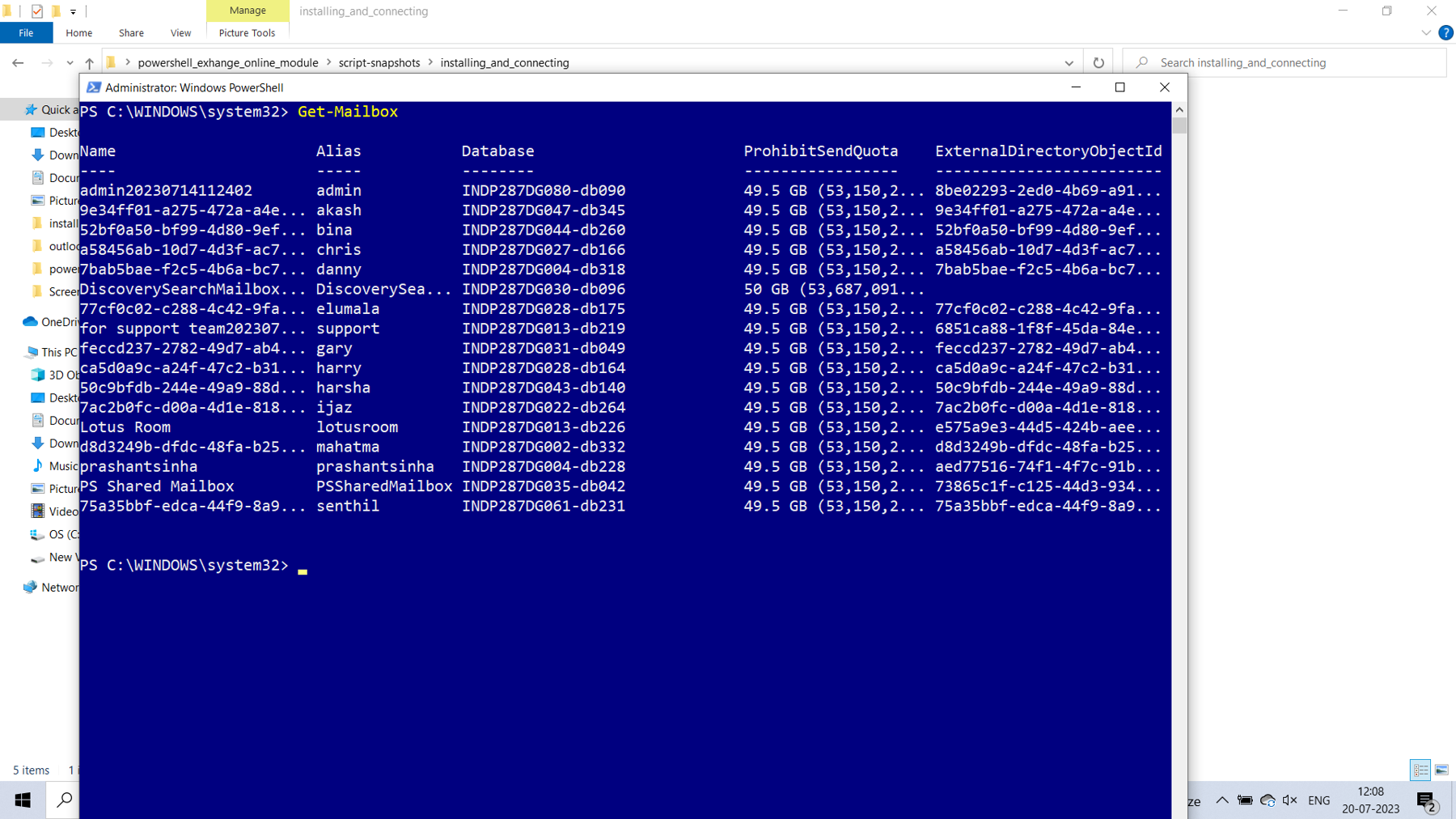 This screenshot shows how you can run the get mailbox cmdlet to check whether you have successfully connected with Microsoft 365 Exchange Online using PowerShell.