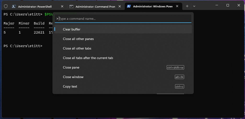 Opening the command palette provides direct access to Windows Terminal controls such as Clear buffer, Close all other panes, Close all other tabs, Close all tabs after the current tab, Close pane, Close window, and Copy text.