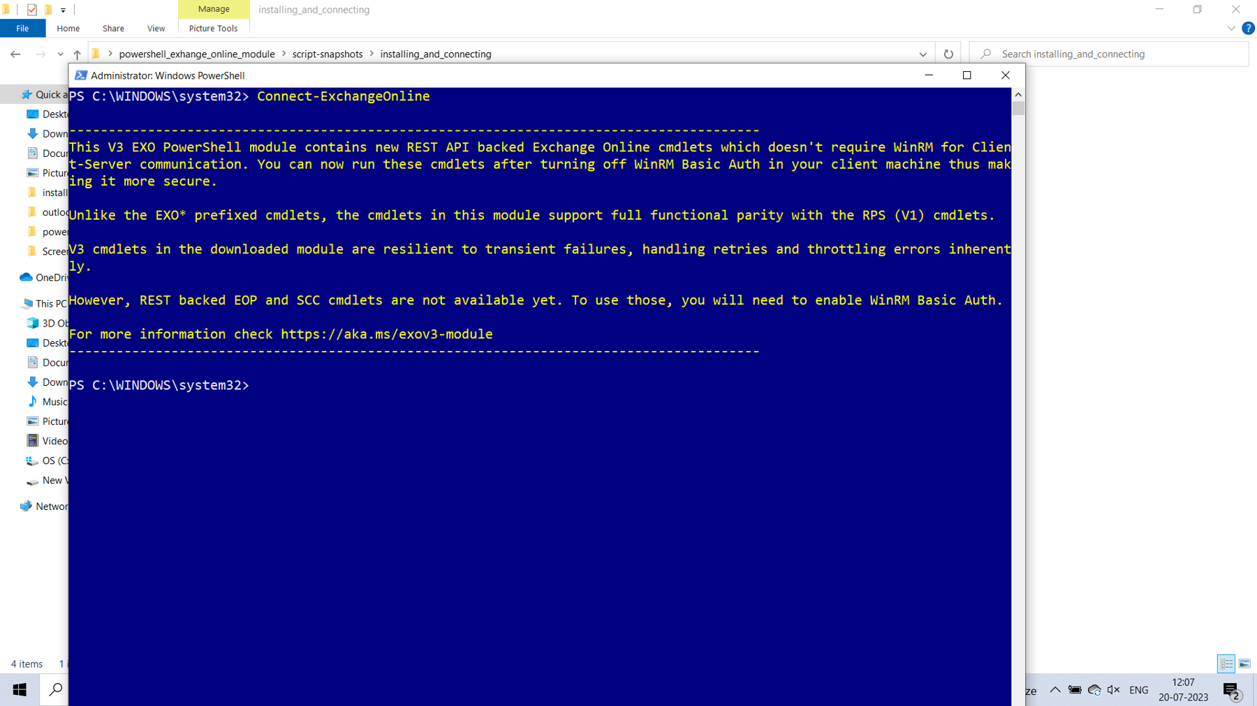 This screenshot shows successful execution of the connect exchange online PowerShell command.