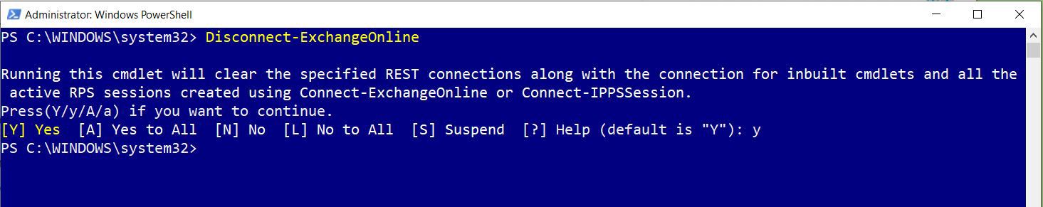 This screenshot shows how you can run the Disconnect-ExchangeOnline command using PowerShell to disconnect from Microsoft 365 Exchange Online.