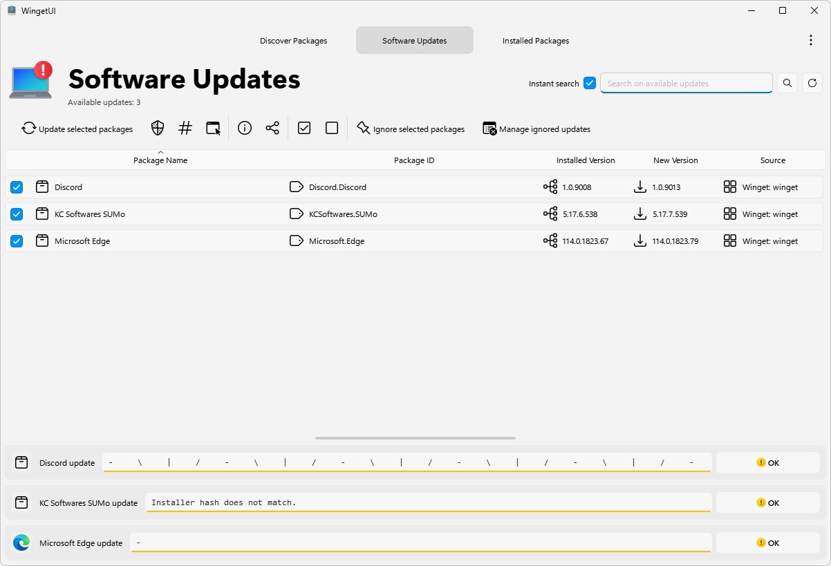 This screenshot shows the Software Updates page with three available updates: Discord, SUMo, and Edge. Check the status line at bottom to see what went wrong for Discord, SUMo and Edge.
