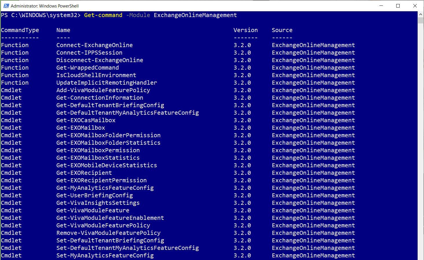 This screenshot shows the PowerShell command for listing all the cmdlets associated with the exchange online management module.
