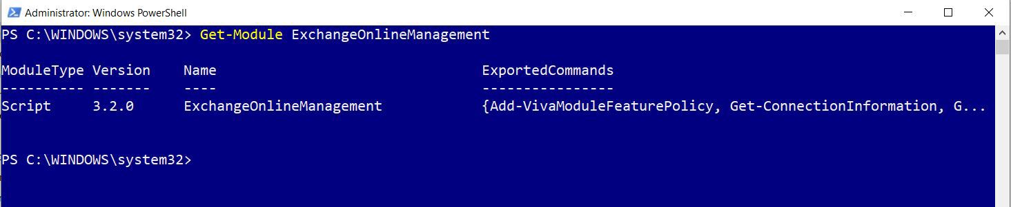 This screenshot shows the PowerShell command for checking whether the exchange online management has been installed successfully.