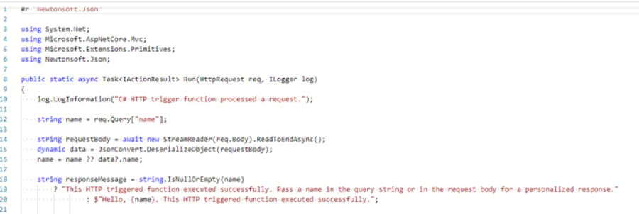 A screenshot of an Azure function written in C#.