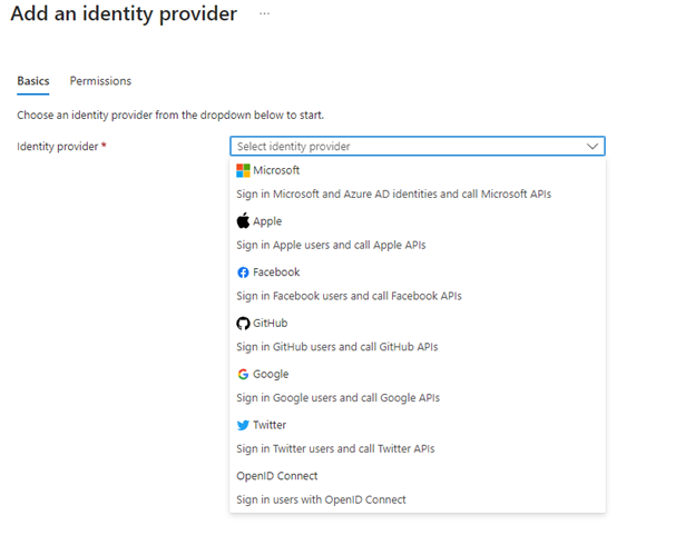 A screenshot of identity providers that are possible with Azure Functions: for example, Microsoft, Apple, GitHub, Google, and others.