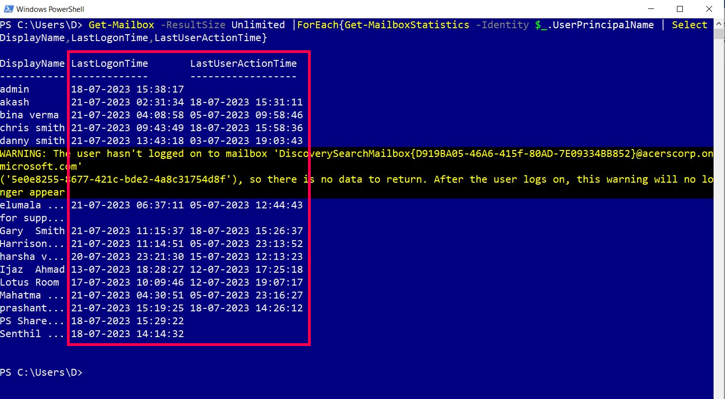 This screenshot shows how you can generate the inactive mailboxes report using the get-mailbox cmdlet.