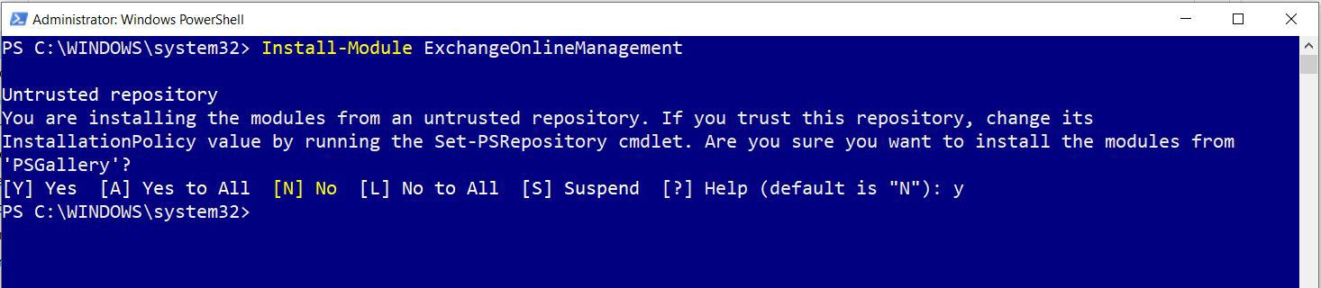 This screenshot shows the PowerShell command for installing the exchange online management module.