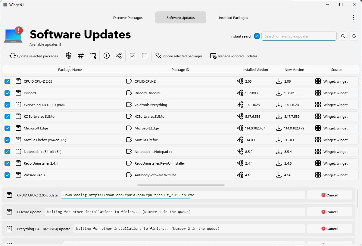 This screenshot shows that the CPU-Z update is being downloaded. For subsequent items, there’s a message that indicates it’s waiting for other installations to finish. When WingetUI runs, it handles updates individually from top to bottom in that order.