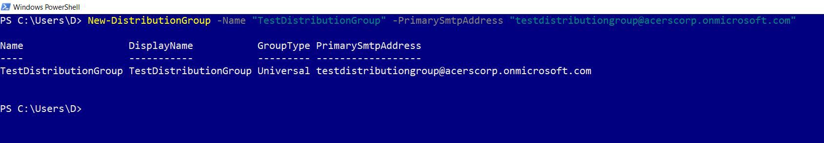 This screenshot shows how you can use the new distribution group cmdlet to create a Microsoft 365 distribution group and its mailbox.