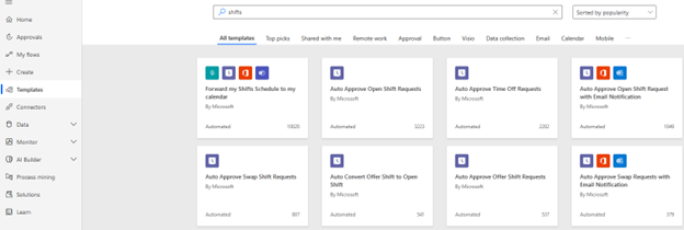 A screenshot of templates available from Power Automate, including the Auto Approve Time Off Requests template.