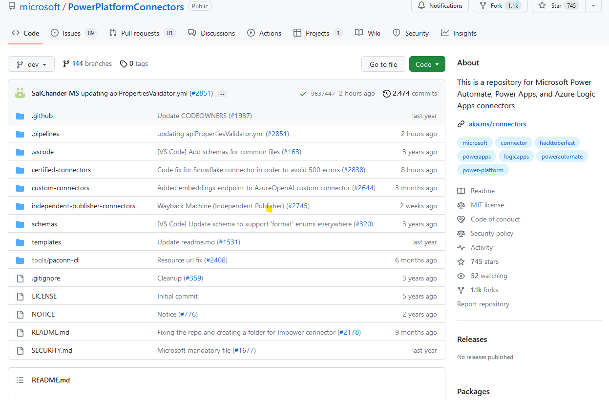 The Power Platform Connectors repository home page on GitHub displaying the folder structure of the source code.